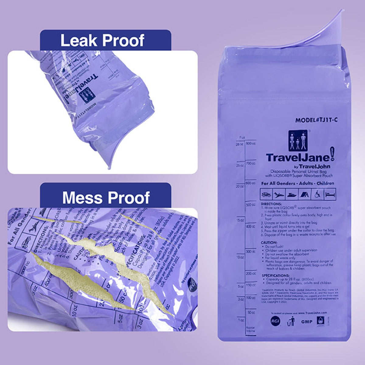 Travel Jane Disposable Urinal with Zip Resealable, 6-pack (TJ1T)