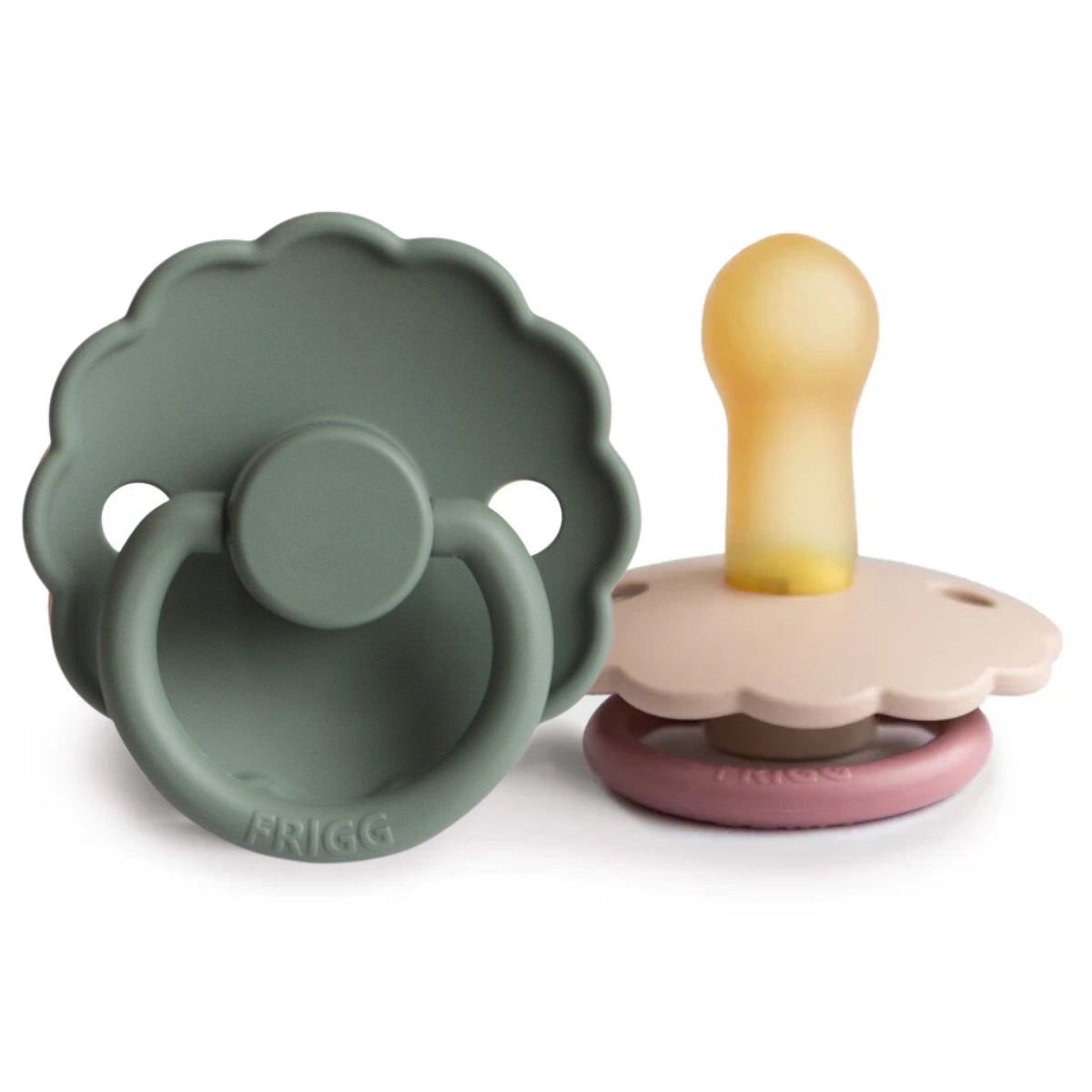 FRIGG Daisy Latex Baby Pacifiers, 2pk [Color Block + Original] – Lilypad/Peony (2 Sizes)
