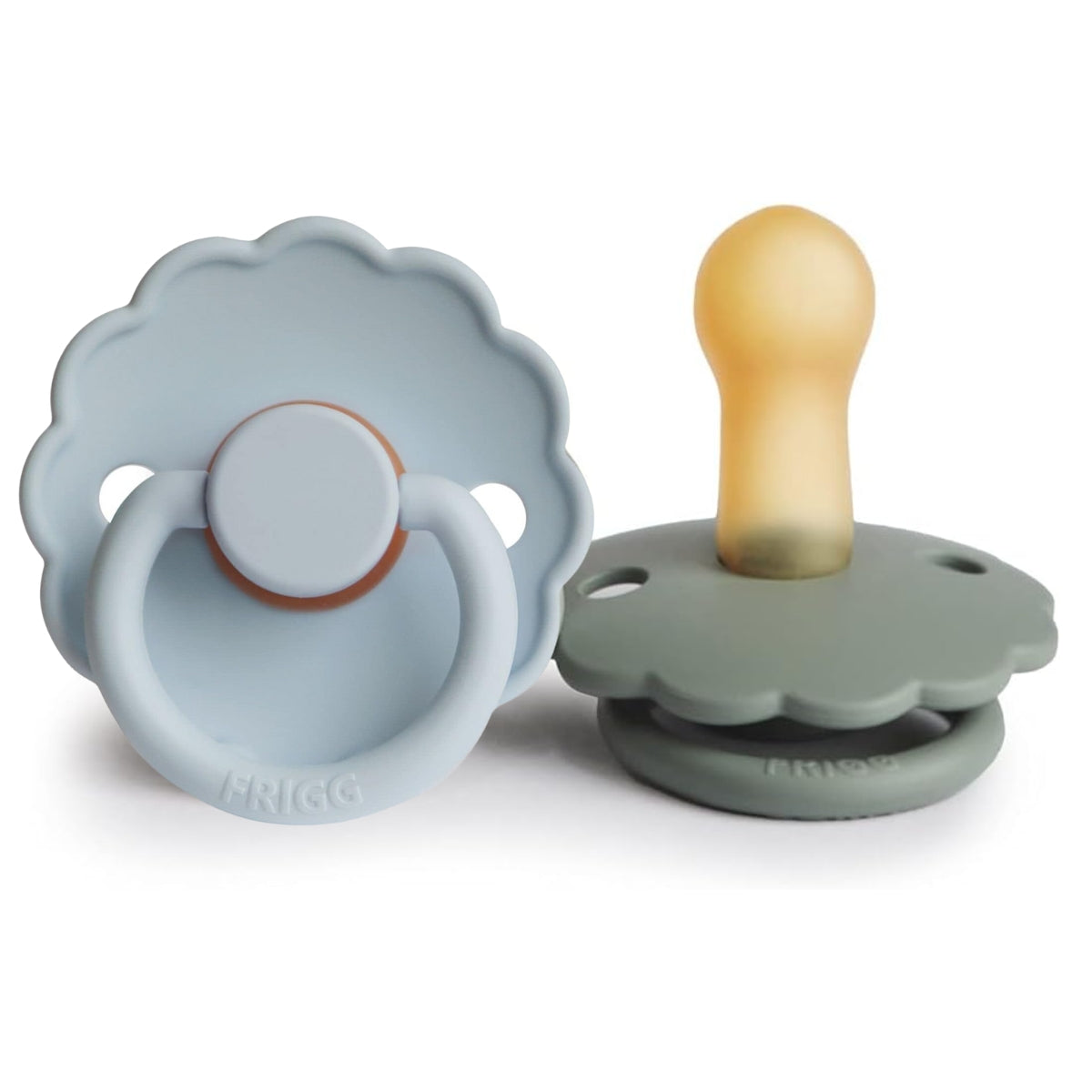 FRIGG Daisy Latex Baby Pacifiers, 2pk [Original] –  Lily Pad/Powder Blue (2 Sizes)