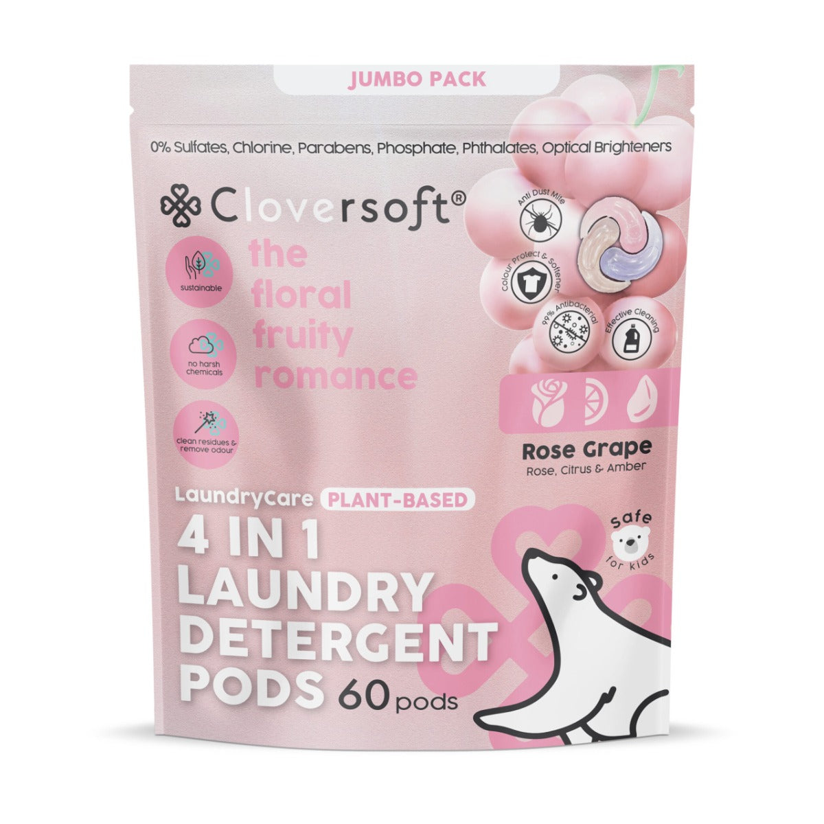 Cloversoft 4-in-1 Anti Dust Mite Supreme Laundry Capsules Jumbo, 60 Pods - Rose Grape (Exp 08/27)