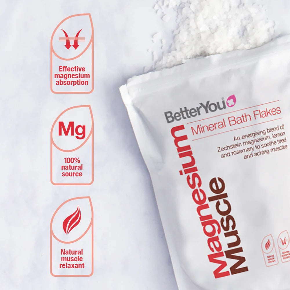 BetterYou Magnesium Muscle Mineral Bath Flakes, 1KG (Exp 10/28)