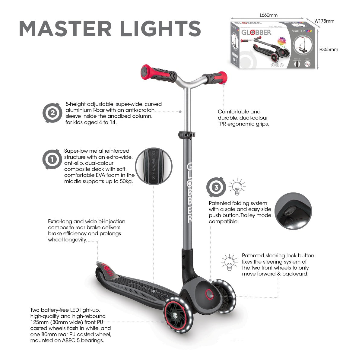 Globber Master Lights Foldable Scooter V2 (LED Wheels) (4 Colors) - Pupsik Singapore