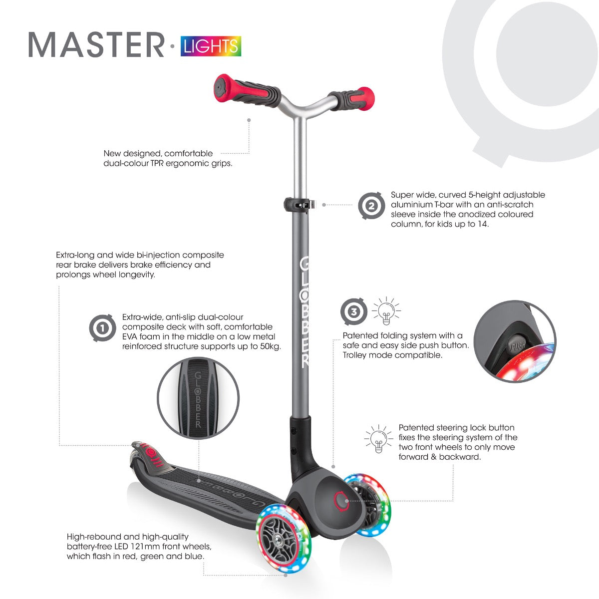 Globber Master Lights Foldable Scooter V2 (LED Wheels) (7 Colors)