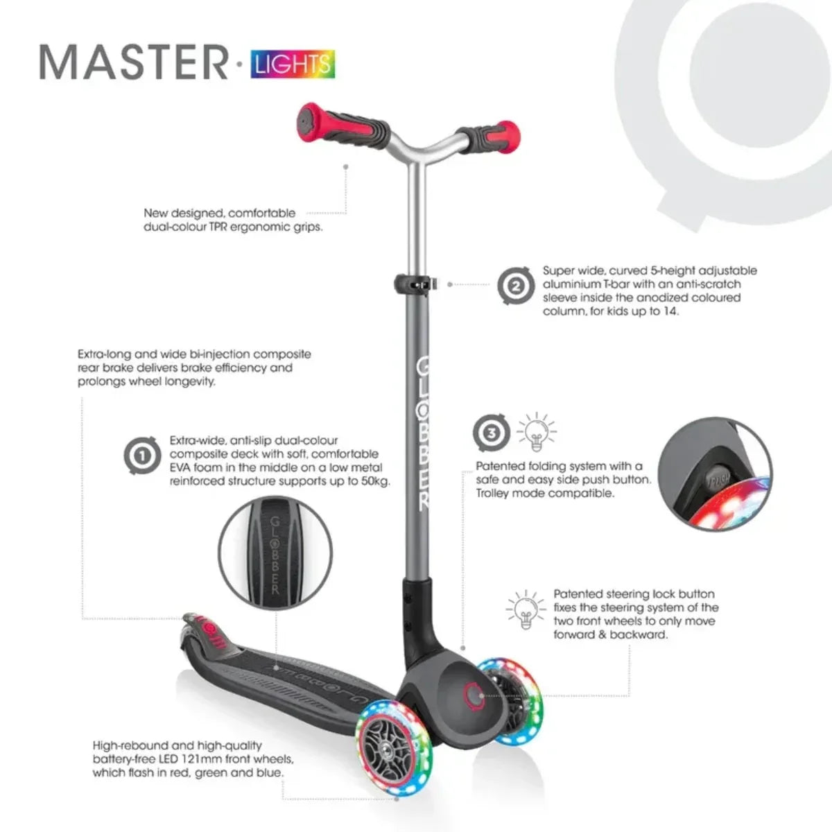Globber Master Lights Foldable Scooter V2 (LED Wheels) (7 Colors) | 4-14Y - Pupsik Singapore