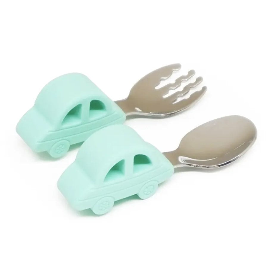 Biomom Silicone Grip Stainless Steel Fork - Mint Car