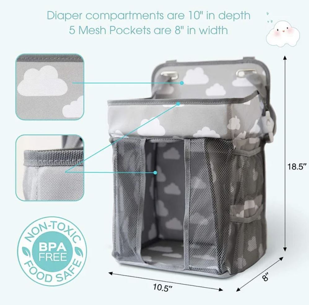 MPJ Baby Crib Organizer, Diaper Caddy - Grey Clouds