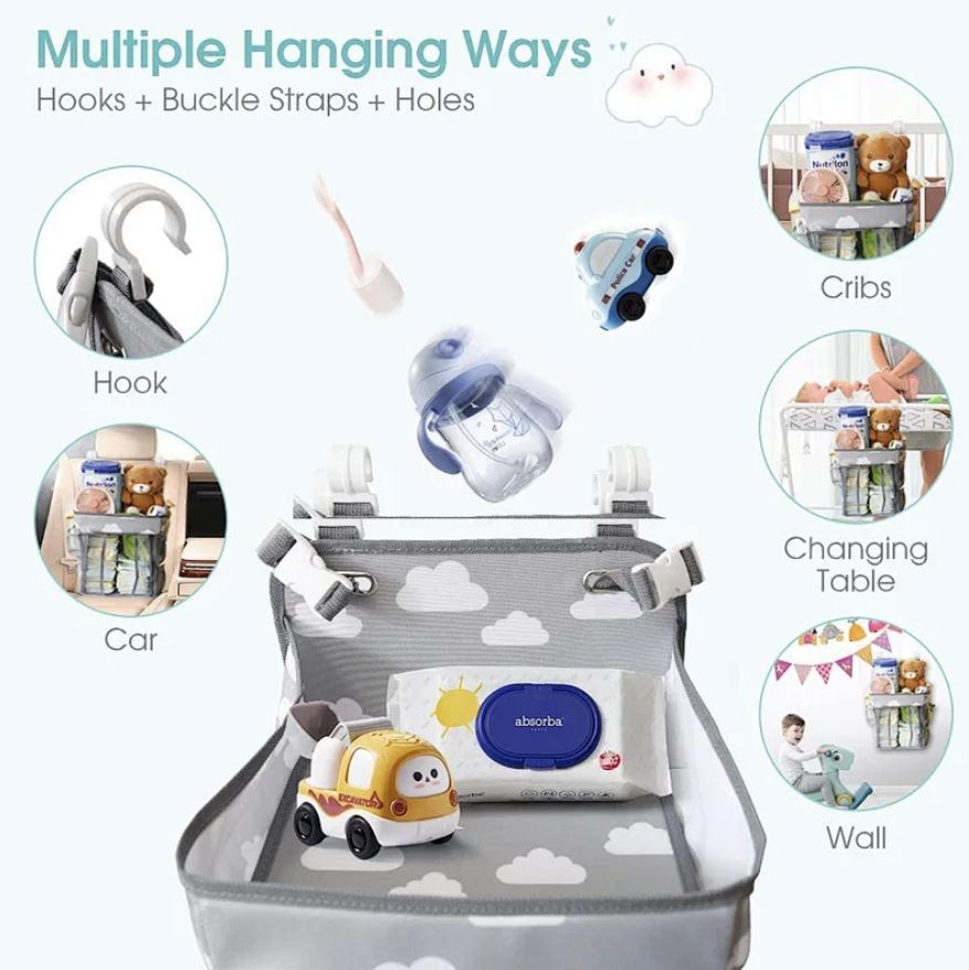 MPJ Baby Crib Organizer, Diaper Caddy - Grey Clouds