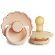 FRIGG Daisy Latex Baby Pacifiers, 2pk [Original] – Pale Daffodil/Pink Cream (2 Sizes)