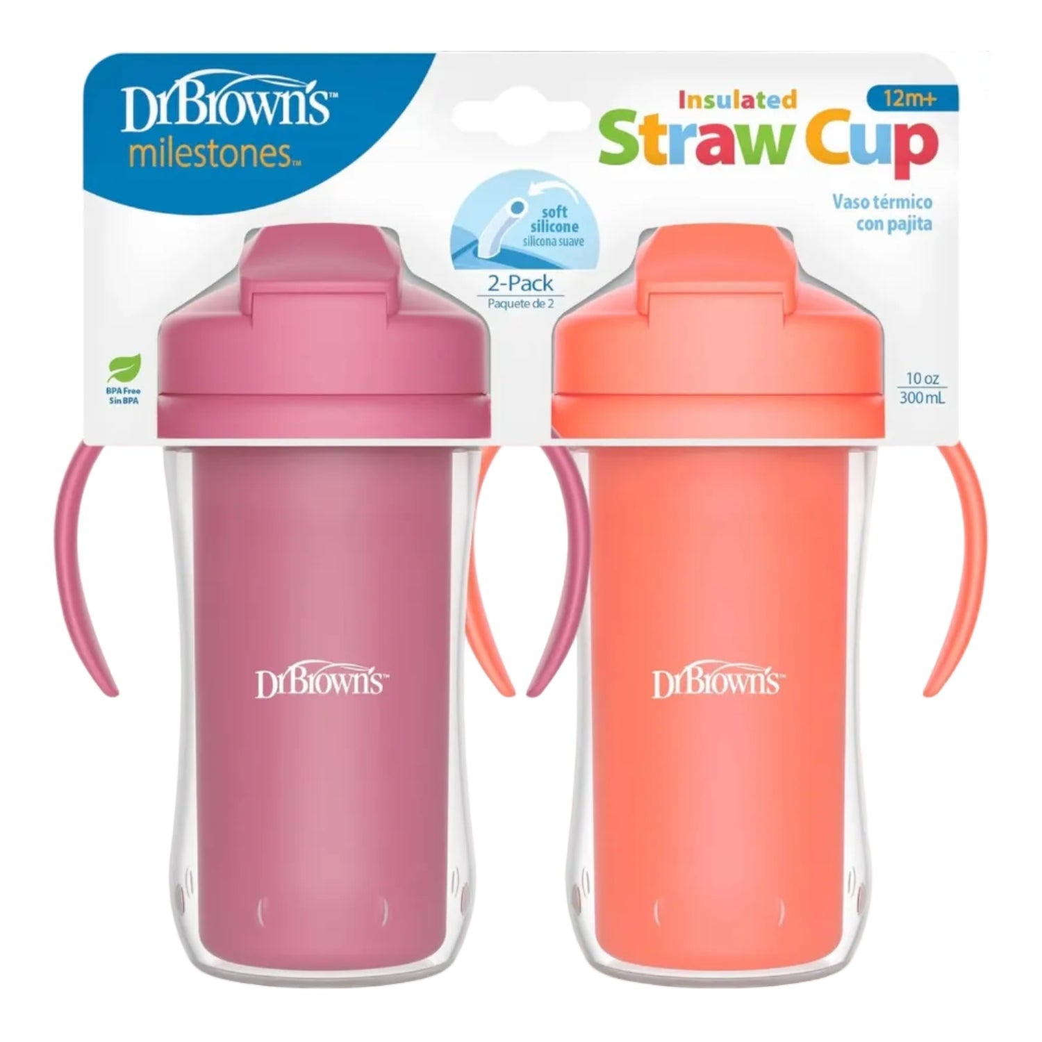 Dr. Brown’s Milestones Insulated Straw Cup, 10oz/300ml - 2pk (4 Colors) | 12M+