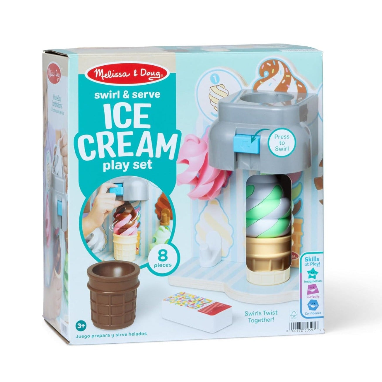 Melissa & Doug Swirl & Serve Ice Cream Play Set in its original retail packaging, featuring a toy ice cream shaker, cone, and serving cards on a white background.