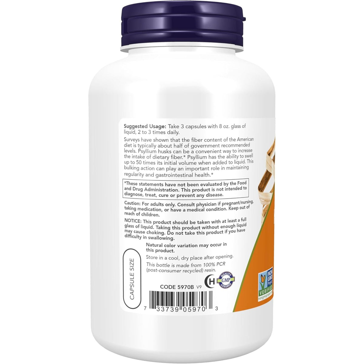NOW Foods Psyllium Husk 500mg, 200 Caps (Exp 03/30)