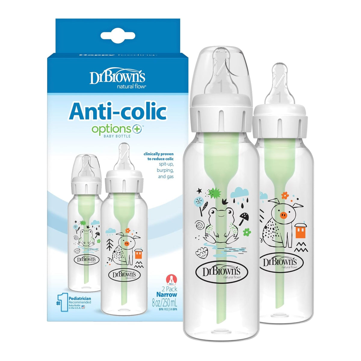 Dr. Brown's Options+ Narrow-Neck PP Baby Bottles, 8oz/250ml (13 Types) | 2/3/4pk - Various Designs