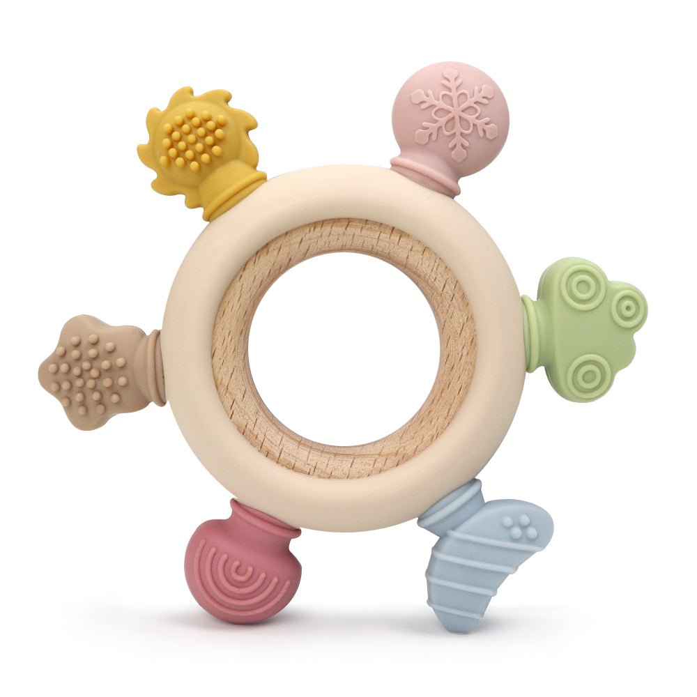 Biomom In The Sky Silicone Wooden Ring Sensory Teether (3 Colors) - Pupsik Singapore