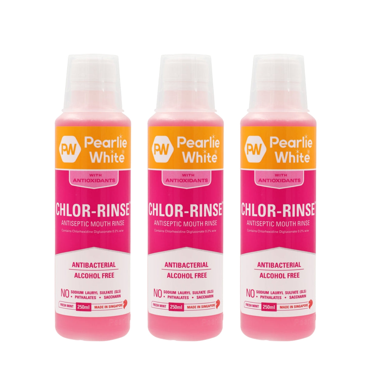 [3 Pack] Pearlie White Chlor-Rinse Antiseptic Alcohol-Free Mouth Rinse, 250ml - Exp 11/25