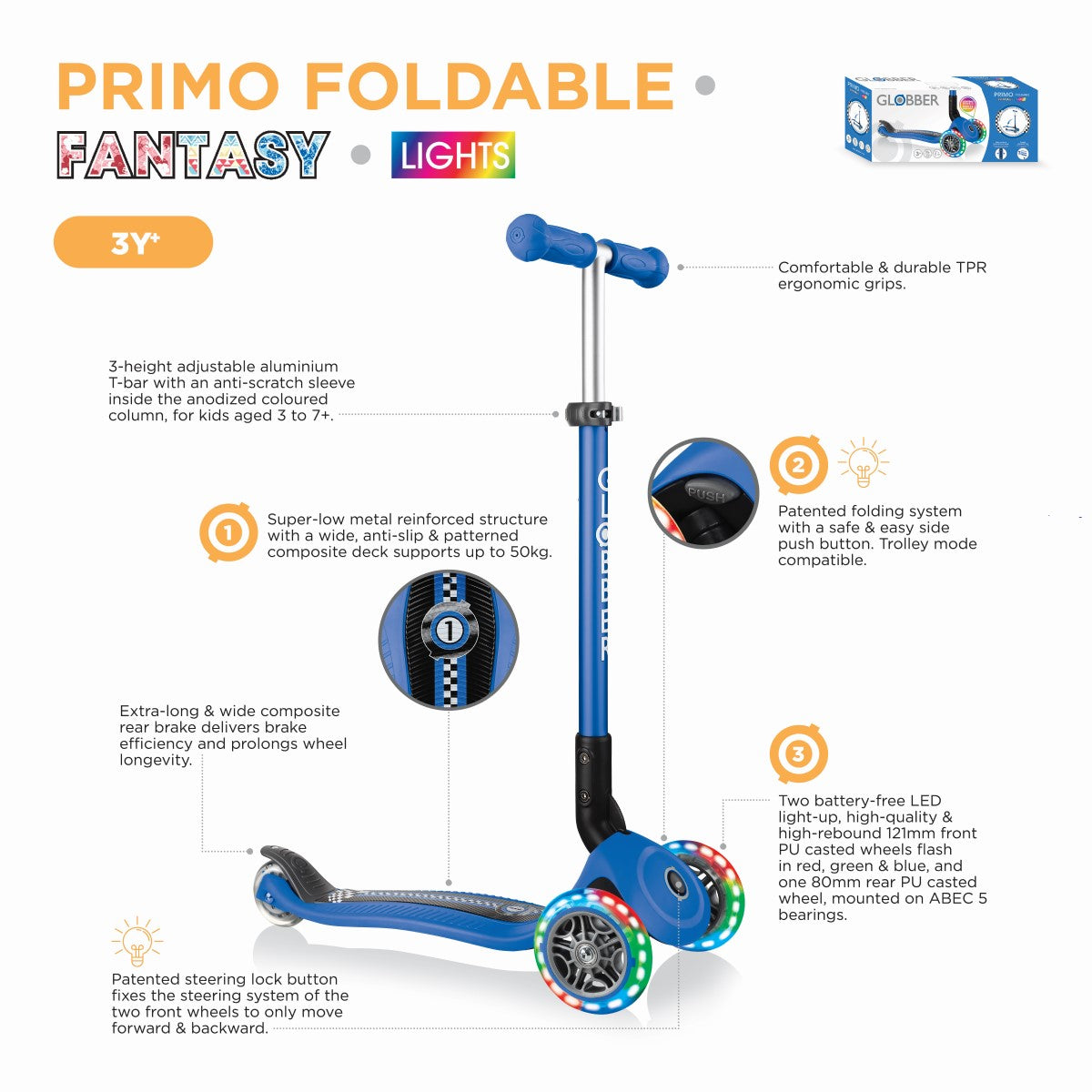 Globber Primo Foldable Fantasy Lights Scooter (LED Wheels) - 2 Designs