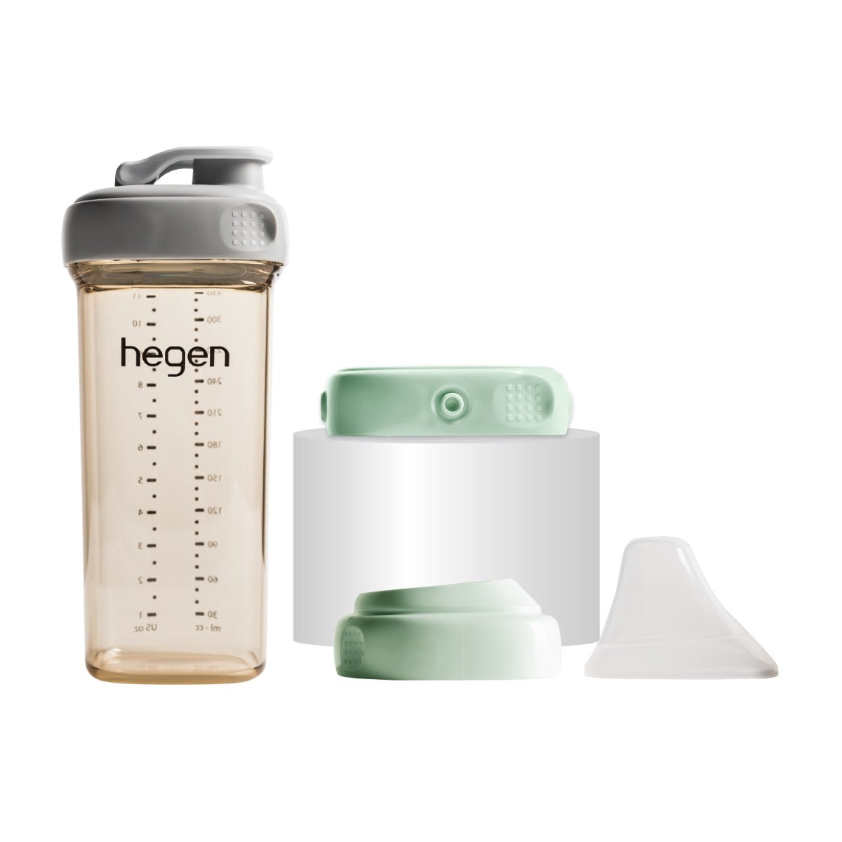 Hegen x Pupsik Exclusive Bundle [PCTO™ 330ml Drinking Bottle PPSU Grey + Breast Milk Storage Lid Green + Collar + Transparent Cover Green]