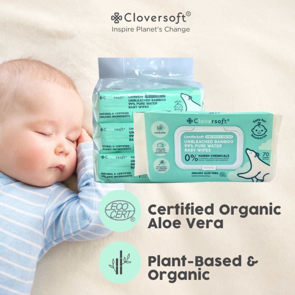 Cloversoft Unbleached Bamboo Organic Pure Water Baby Wipes (3 x 70 sheets) - Exp 04/28