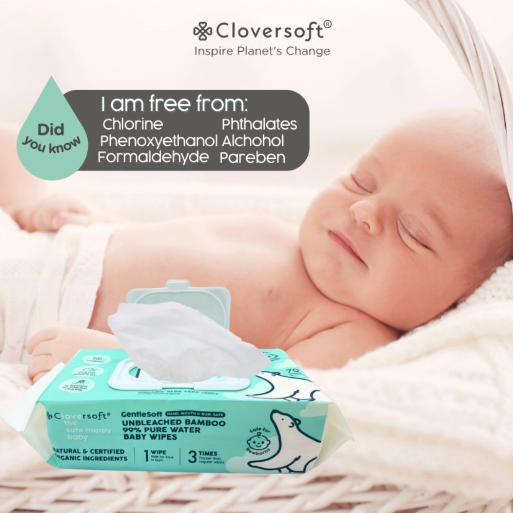 Cloversoft Unbleached Bamboo Organic Pure Water Baby Wipes (3 x 70 sheets) - Exp 04/28