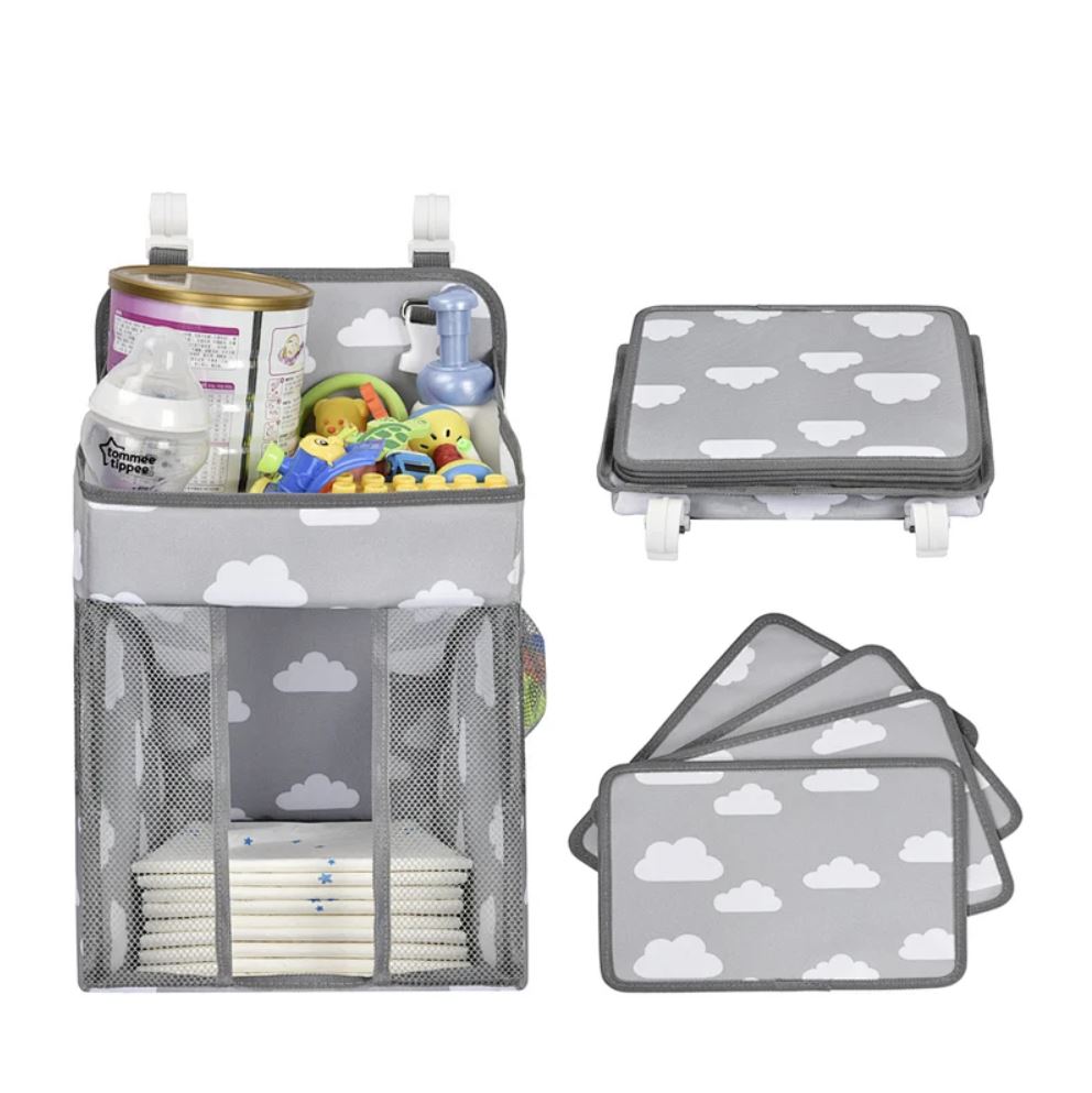 MPJ Baby Crib Organizer, Diaper Caddy - Grey Clouds