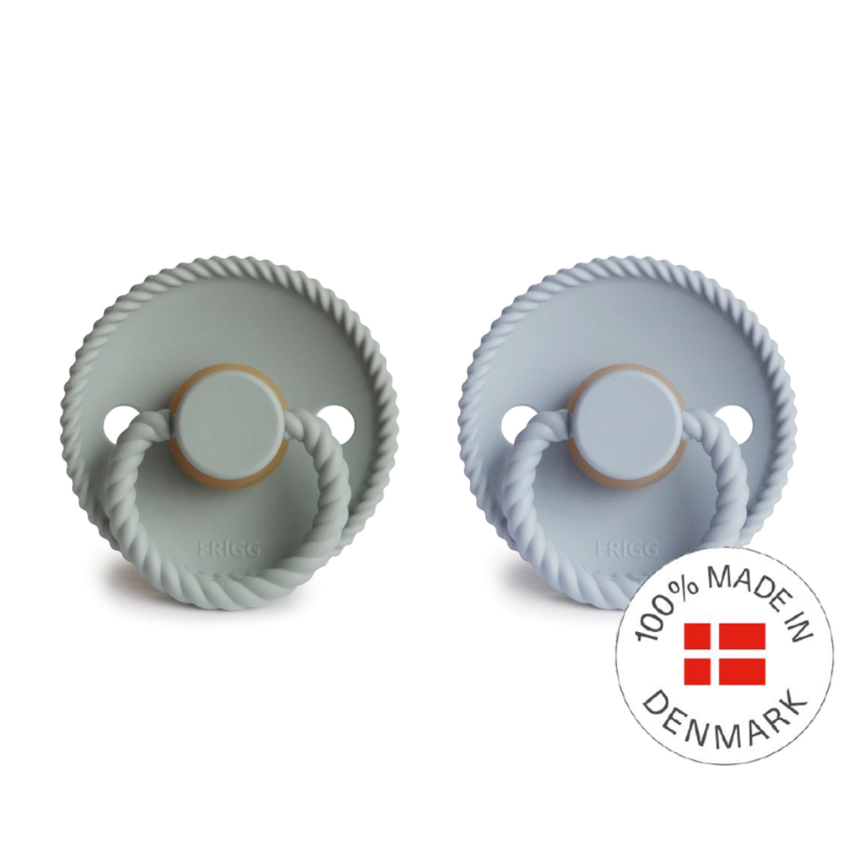 FRIGG Rope Latex Baby Pacifiers, 2pk [Original] – Sage/Powder Blue (2 Sizes)