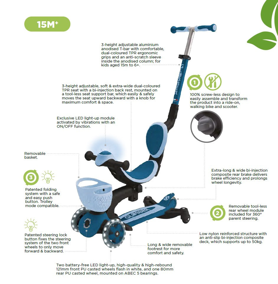 Globber GO•UP Baby Lights 360° Foldable Convertible Scooter (5 Colors)
