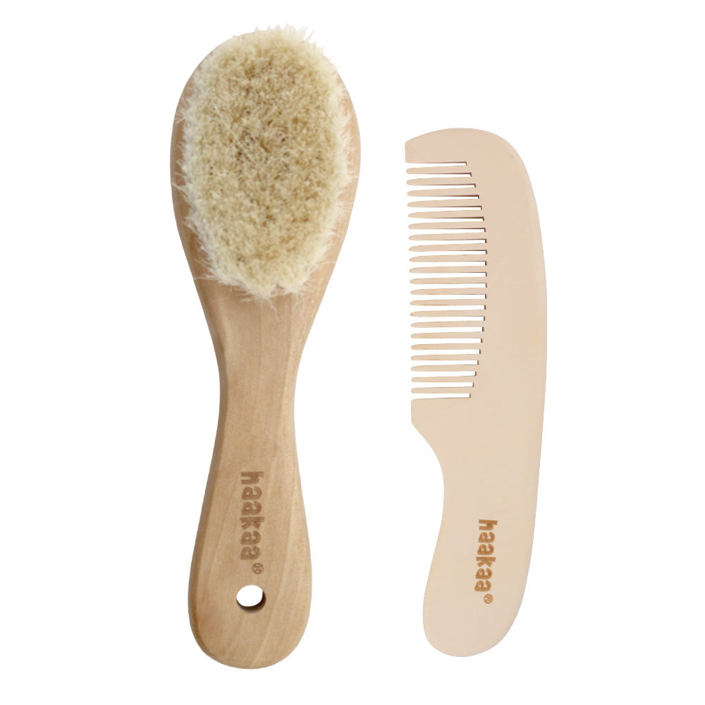Haakaa Goats Wool Wooden Baby Hair Brush and Comb Set