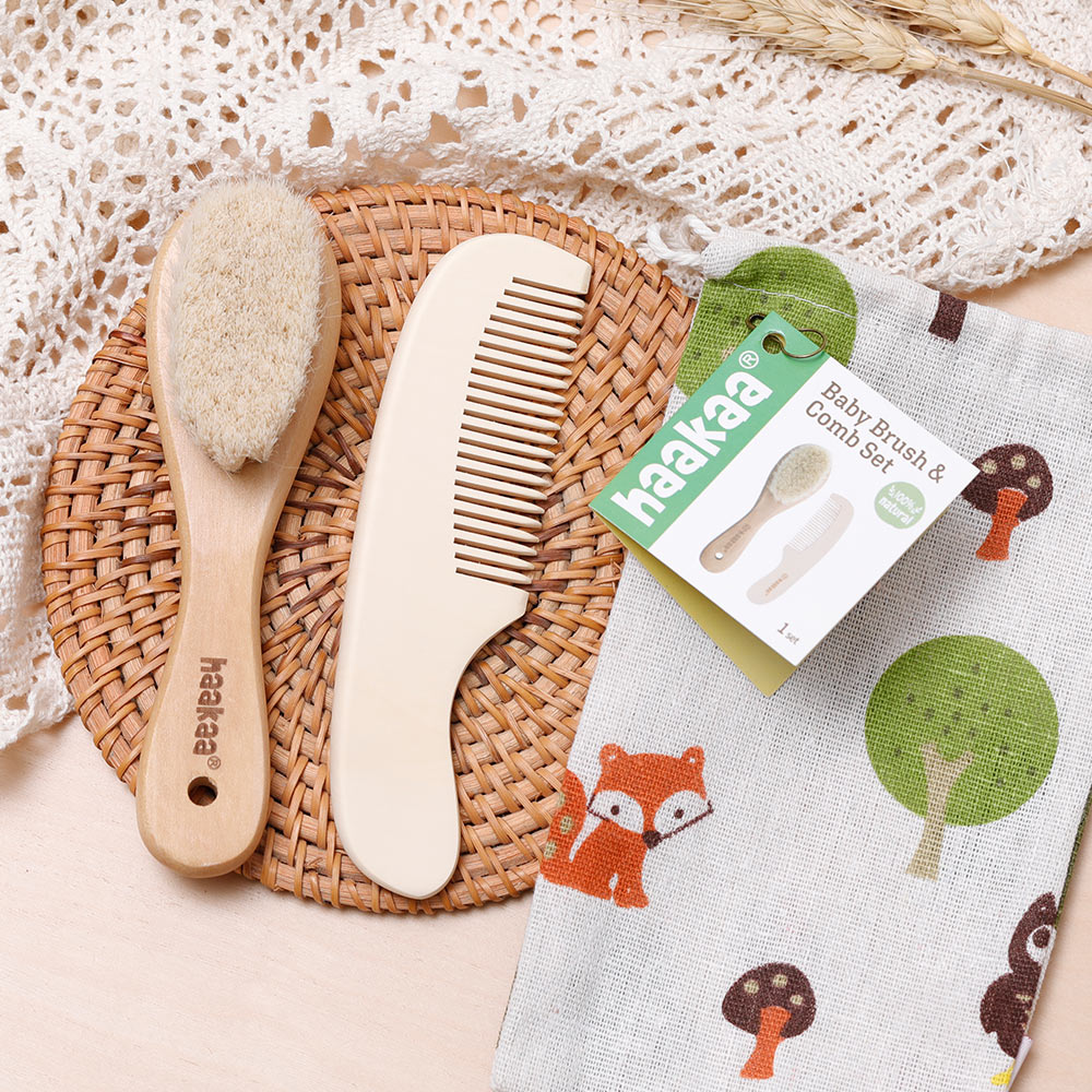 Haakaa Goats Wool Wooden Baby Hair Brush and Comb Set