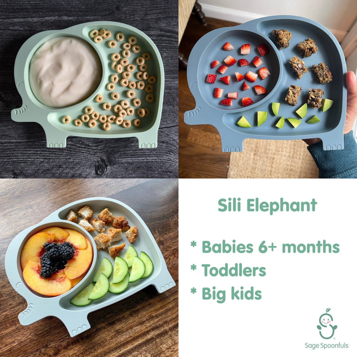 Sage Spoonfuls Sili Elephant Silicone Divided Suction Plate - Slate - Pupsik Singapore