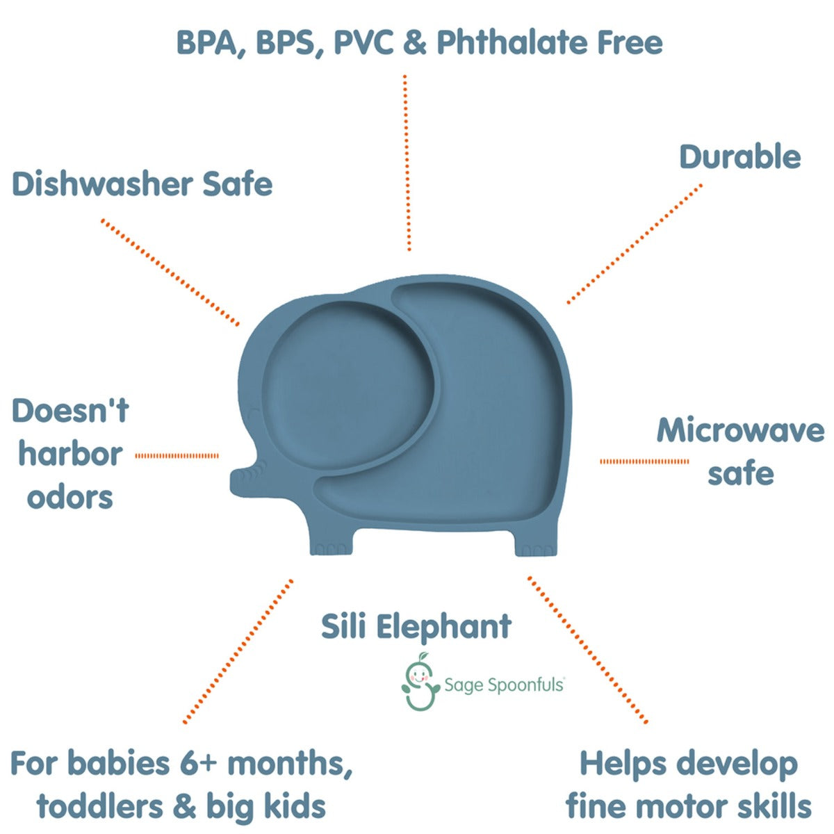 Sage Spoonfuls Sili Elephant Silicone Divided Suction Plate - Slate - Pupsik Singapore