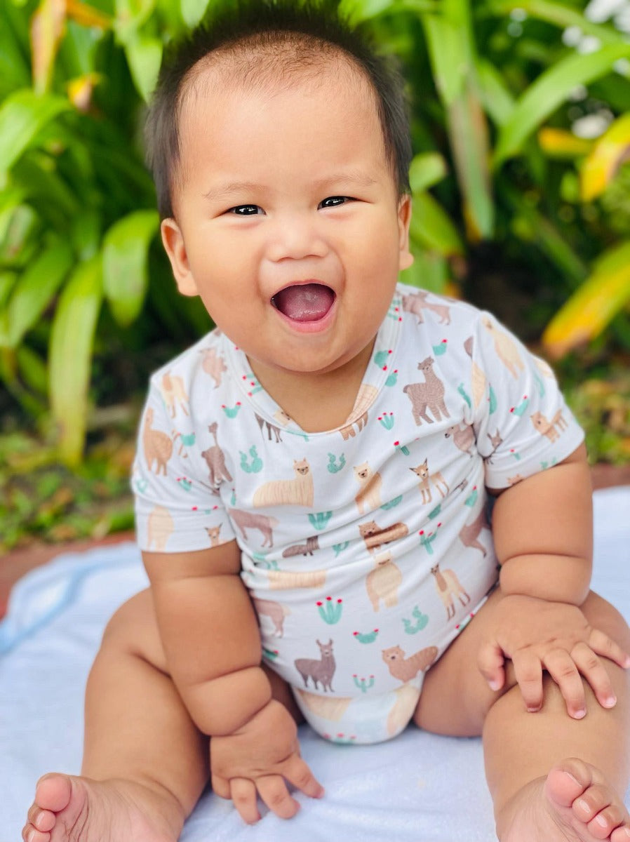 A, Apple Pie Bamboo Baby Short Sleeve Onesie - Llamas & Cacti (5 Sizes)
