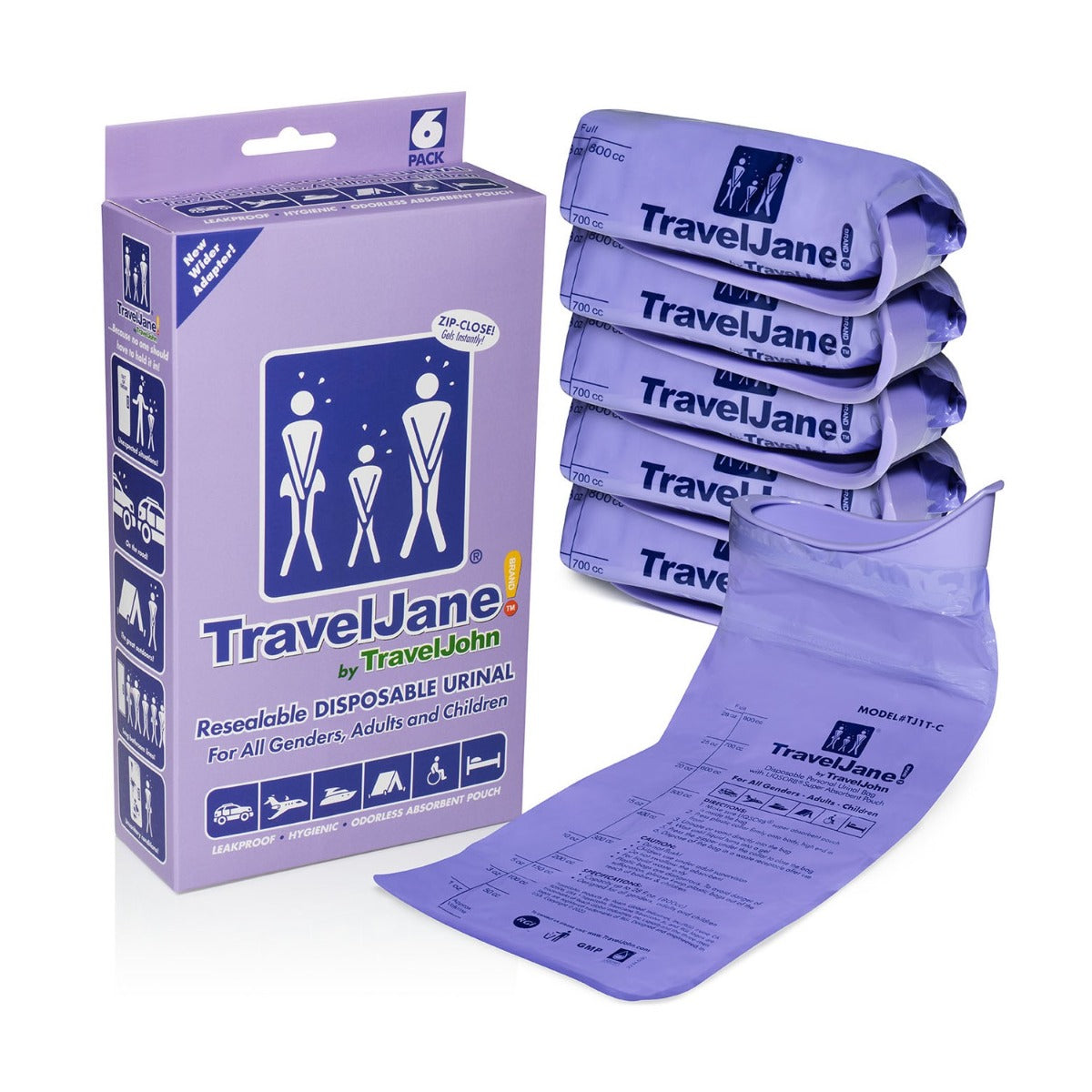 Travel Jane Disposable Urinal with Zip Resealable, 6-pack (TJ1T)