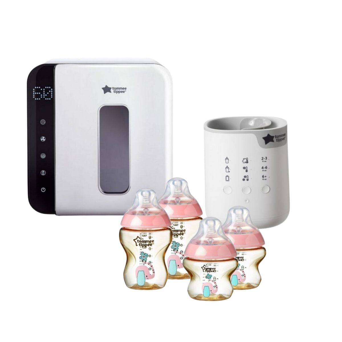 Tommee Tippee Ultra UV 3-in-1 Steriliser, Dryer and Storage + PPSU Newborn Starter Set Bottles (Pink) + Multiwarm Bottle & Pouch Warmer