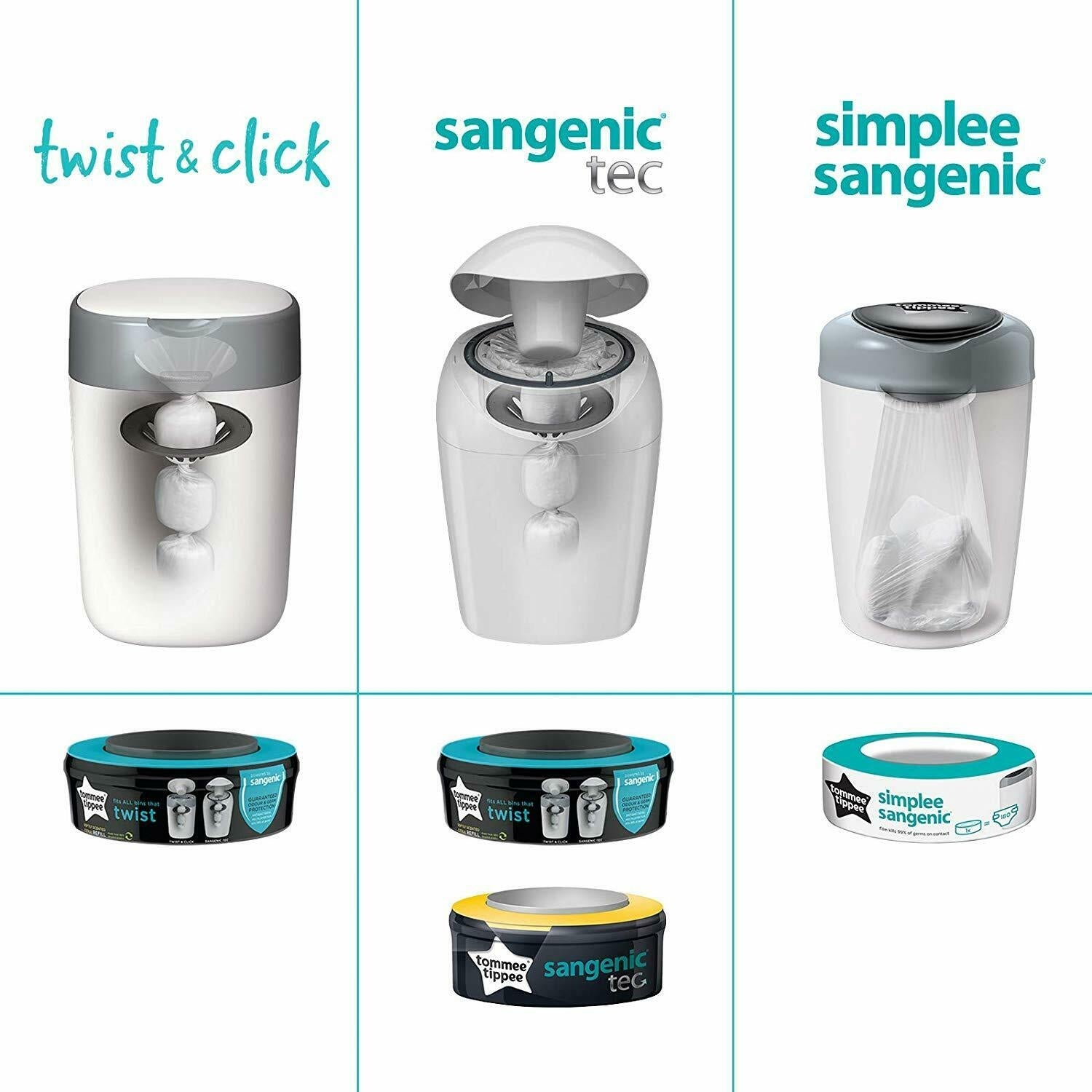 Tommee Tippee Sangenic Twist & Click Advanced Diaper Disposal Bin (6 casettes) - White