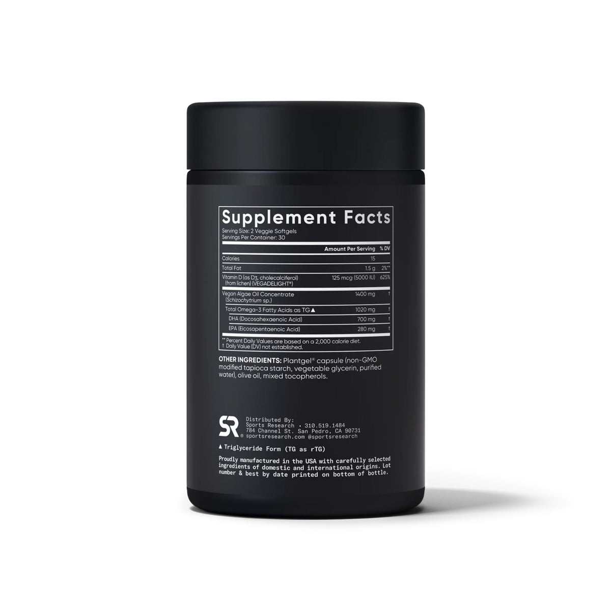 Sports Research Vegan Omega-3 1400mg + Vitamin D3 5000iu, 60s (Exp 12/27)