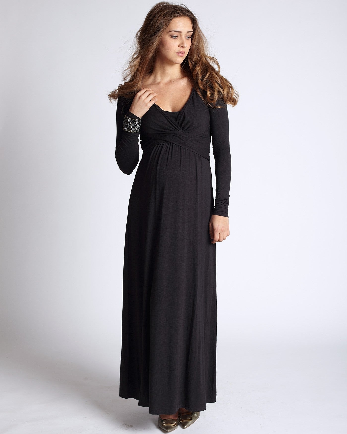 MEV Wrap Long Sleeve Maternity & Nursing Maxi Dress - Black