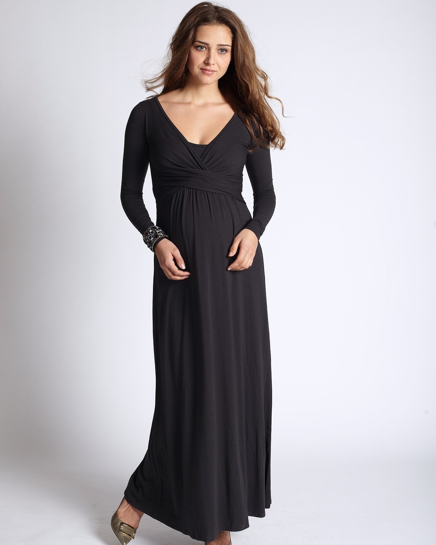 MEV Wrap Long Sleeve Maternity & Nursing Maxi Dress - Black